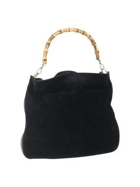 Authentic GUCCI Bamboo Shoulder Bag Suede Black Gold 001 1014 1577